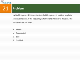 21   Problem

     Light of frequency 1.5 times the threshold frequency is incident on photo
     sensitive material. If the frequency is halved and intensity is doubled. The
     photoelectron becomes :


     a. Halved
     b. Quadrupled
     c. Zero
     d. Doubled
 