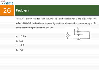 26   Problem

     In an A.C. circuit resistance R, inductance L and capacitance C are in parallel. The
     value of R is 50 , inductive reactance XL = 40  and capacitive reactance XC = 25  .
     Then the reading of ammeter will be:


     a. 10.2 A
     b. 5 A
     c. 17 A
     d. 7 A
 