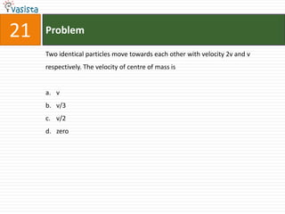 Problem21Two identical particles move towards each other with velocity 2v and v respectively. The velocity of centre of mass is  vv/3v/2zero 