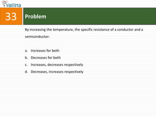Problem33By increasing the temperature, the specific resistance of a conductor and a semiconductor:  Increases for both Decreases for both Increases, decreases respectively Decreases, increases respectively 