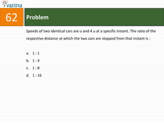 Problem62Speeds of two identical cars are u and 4 u at a specific instant. The ratio of the respective distance at which the two cars are stopped from that instant is :  1 : 11 : 41 : 81 : 16