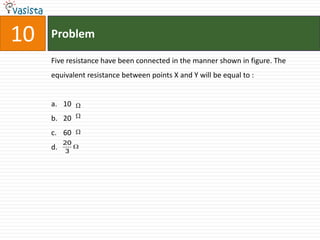10   Problem

     Five resistance have been connected in the manner shown in figure. The
     equivalent resistance between points X and Y will be equal to :


     a. 10 
     b. 20 
     c. 60 
          20
     d.      
           3
 