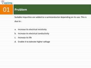 01   Problem

     Suitable impurities are added to a semiconductor depending on its use. This is
     due to :


     a. Increase its electrical resistivity
     b. Increase its electrical conductivity
     c. Increase its life
     d. Enable it to tolerate higher voltage
 