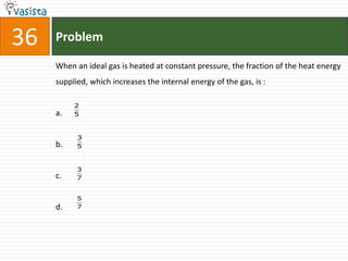 36   Problem

     When an ideal gas is heated at constant pressure, the fraction of the heat energy
     supplied, which increases the internal energy of the gas, is :

          2
     a.   5


           3
     b.    5


           3
     c.    7


           5
     d.    7
 