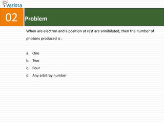 02   Problem
     When are electron and a position at rest are annihilated, then the number of
     photons produced is :


     a. One
     b. Two
     c. Four
     d. Any arbitray number
 