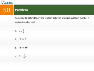 50   Problem

     According to Bohr’s theory the relation between principal quantum number n
     and radius (r) of orbit :


     a.         1
          r 
                n


     b.   r n


     c.   r  n2


                1
     d.   r 
                n2
 