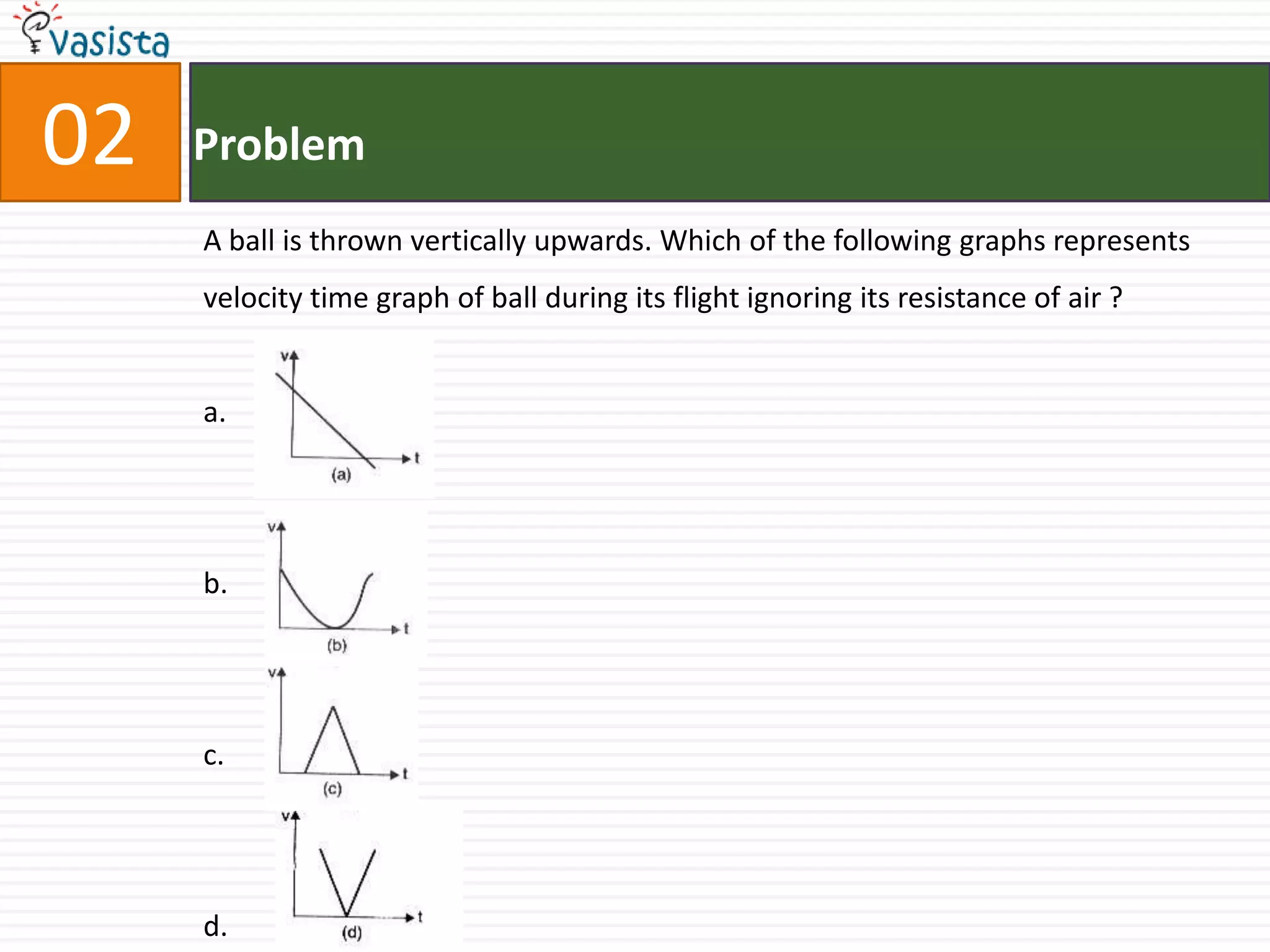 02   Problem
     A ball is thrown vertically upwards. Which of the following graphs represents
     velocity time graph of ball during its flight ignoring its resistance of air ?


     a.




     b.




     c.




     d.
 