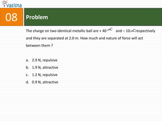 08   Problem

     The charge on two identical metallic ball are + 40 C and – 10 C respectively
     and they are separated at 2.0 m. How much and nature of force will act
     between them ?


     a. 2.9 N, repulsive
     b. 1.9 N, attractive
     c. 1.2 N, repulsive
     d. 0.9 N, attractive
 