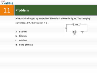 11   Problem

     A battery is charged by a supply of 100 volt as shown in figure. The charging
     current is 1.0 A. the value of R is :


     a. 88 ohm
     b. 68 ohm
     c. 44 ohm
     d. none of these
 