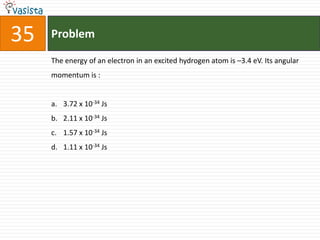 35   Problem

     The energy of an electron in an excited hydrogen atom is –3.4 eV. Its angular
     momentum is :


     a. 3.72 x 10-34 Js
     b. 2.11 x 10-34 Js
     c. 1.57 x 10-34 Js
     d. 1.11 x 10-34 Js
 