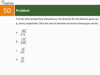 50   Problem

     If at the same temperature and pressure, the densities for two diatomic gases are
     d1 and d2 respectively. Then the ratio of velocities of sound in these gases will be :


           2d1
     a.
           d2

           d2
     b.
           2d1

           d1
     c.
           d2


           d2
     d.
           d1
 