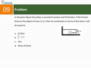 09   Problem

     In the given figure the pulley is assumed massless and frictionless. If the friction
     force on the object of mass m is f, then its acceleration in terms of the force F will
     be equal to:


     a. (F-f)/m
          F
              f /m
     b.   2

     c. F/m
     d. None of these
 
