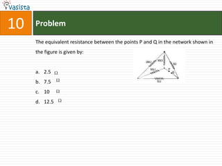 10   Problem

     The equivalent resistance between the points P and Q in the network shown in
     the figure is given by:


     a. 2.5
     b. 7.5
     c. 10
     d. 12.5
 