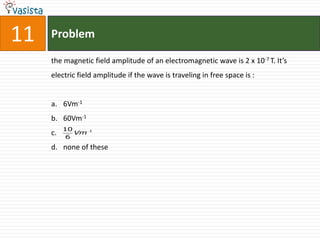 11   Problem

     the magnetic field amplitude of an electromagnetic wave is 2 x 10-7 T. It’s
     electric field amplitude if the wave is traveling in free space is :


     a. 6Vm-1
     b. 60Vm-1
          10      1
     c.      Vm
           6
     d. none of these
 