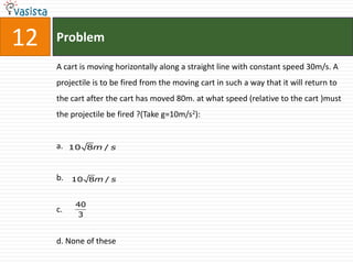12   Problem

     A cart is moving horizontally along a straight line with constant speed 30m/s. A
     projectile is to be fired from the moving cart in such a way that it will return to
     the cart after the cart has moved 80m. at what speed (relative to the cart )must
     the projectile be fired ?(Take g=10m/s2):


     a.   10 8m / s



     b.   10 8m / s


           40
     c.
           3


     d. None of these
 