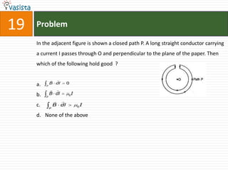 19   Problem

     In the adjacent figure is shown a closed path P. A long straight conductor carrying
     a current I passes through O and perpendicular to the plane of the paper. Then
     which of the following hold good ?

               
     a.       B dl       0
          p

               
     b.       B dl       0   I
          p

                   
     c.           B dl           0   I
              p


     d. None of the above
 