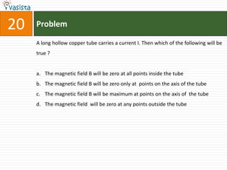 20   Problem

     A long hollow copper tube carries a current I. Then which of the following will be
     true ?


     a. The magnetic field B will be zero at all points inside the tube
     b. The magnetic field B will be zero only at points on the axis of the tube
     c. The magnetic field B will be maximum at points on the axis of the tube
     d. The magnetic field will be zero at any points outside the tube
 