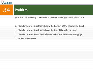 34   Problem

     Which of the following statements is true for an n–type semi-conductor ?


     a. The donor level lies closely below the bottom of the conduction band.
     b. The donor level lies closely above the top of the valence band
     c. The donor level lies at the halfway mark of the forbidden energy gap.
     d. None of the above
 
