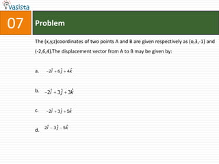 07   Problem

     The (x,y,z)coordinates of two points A and B are given respectively as (o,3,-1) and
     (-2,6,4).The displacement vector from A to B may be given by:


     a.    2ˆ
            i   6ˆ
                 j    ˆ
                     4k



     b.     i  j  ˆ
           2ˆ 3ˆ 3k


     c.     i  j  ˆ
           2ˆ 3ˆ 5k



          2ˆ
           i       ˆ
               3ˆ 5k
                j
     d.
 