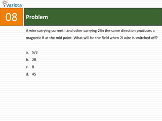Problem08A wire carrying current I and other carrying 2Iin the same direction produces a magnetic B at the mid point. What will be the field when 2I wire is switched off?5/2 2BB 45