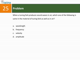 Problem25When a tuning fork produces sound waves in air, which one of the following is same in the material of tuning fork as well as in air?wavelength frequencyvelocity amplitude