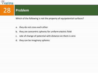 Problem28Which of the following is not the property of equipotential surfaces?they do not cross each otherthey are concentric spheres for uniform electric fieldrate of change of potential with distance on them is zerothey can be imaginary spheres