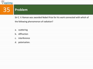Problem35Sir C. V. Raman was awarded Nobel Prize for his work connected with which of the following phenomenon of radiation?scattering diffractioninterference polarisation.