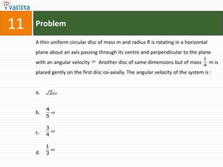 11   Problem

     A thin uniform circular disc of mass m and radius R is rotating in a horizontal
     plane about an axis passing through its centre and perpendicular to the plane
                                                                                    1
     with an angular velocity  Another disc of same dimensions but of mass         4
                                                                                        m is
     placed gently on the first disc co-axially. The angular velocity of the system is :


     a.    2


          4
     b.     
          5

          3
     c.     
          4

          1
            
     d.   3
 