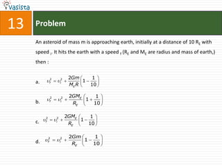 13   Problem

     An asteroid of mass m is approaching earth, initially at a distance of 10 RE with
     speed i. It hits the earth with a speed f (RE and ME are radius and mass of earth,)
     then :

                        2Gm       1 
          f2  i2           1
                        ME R     10 
     a.
                                    

                        2GME        1 
          f2  i2            1
     b.                  RE        10 
                                       

                      2GME        1 
     c. f2  i2           1  10 
                       RE           

                        2Gm      1 
     d. f  i  R
         2    2
                             1
                   E            10 
                                    
 