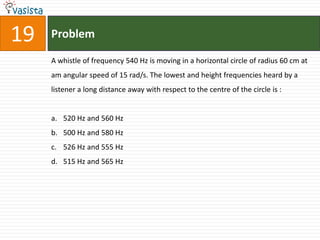 19   Problem

     A whistle of frequency 540 Hz is moving in a horizontal circle of radius 60 cm at
     am angular speed of 15 rad/s. The lowest and height frequencies heard by a
     listener a long distance away with respect to the centre of the circle is :


     a. 520 Hz and 560 Hz
     b. 500 Hz and 580 Hz
     c. 526 Hz and 555 Hz
     d. 515 Hz and 565 Hz
 
