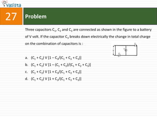 27   Problem

     Three capacitors C1, C2 and C3 are connected as shown in the figure to a battery
     of V volt. If the capacitor C3 breaks down electrically the change in total charge
     on the combination of capacitors is :


     a. (C1 + C2) V [1 – C3/(C1 + C2 + C3)]
     b. (C1 + C2) V [1 – (C1 + C2)/(C1 + C2 + C3)]
     c. (C1 + C2) V [1 + C3/(C1 + C2 + C3)]
     d. (C1 + C2) V [1 + C2/(C1 + C2 + C3)]
 