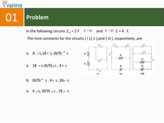 01ProblemIn the following circuits ,C1 = 2 F                  and              C = 4   F. The time constants for the circuits ( i ),( ii ),and ( iii ) ,respectively ,areA.    s,18    s, (8/9)     s18     s (8/9)   s , 4    s(8/9)     s , 4    s ,18    s4    s, (8/9)    s , 18     s