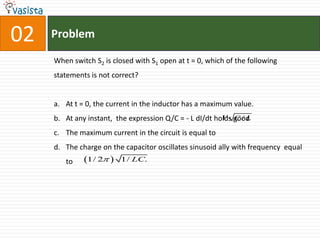 Problem02When switch S2 is closed with S1 open at t = 0, which of the following statements is not correct? At t = 0, the current in the inductor has a maximum value.At any instant,  the expression Q/C = - L dI/dt holds good The maximum current in the circuit is equal to The charge on the capacitor oscillates sinusoid ally with frequency  equal to 