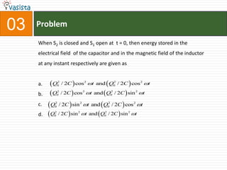Problem03When S2 is closed and S1 open at  t = 0, then energy stored in the electrical field  of the capacitor and in the magnetic field of the inductor at any instant respectively are given as a.b.c.d.