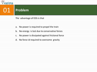 Problem01The  advantage of EDS is that No power is required to propel the train No energy  is lost due to conservative forcesNo power is dissipated against frictional forceNo force id required to overcome  gravity  