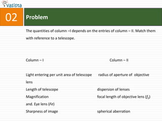 Problem02The quantities of column –I depends on the entries of column – II. Match them with reference to a telescope.  Column – I				   Column – II Light entering per unit area of telescope       radius of aperture of  objective lensLength of telescope			       dispersion of lensesMagnification 			       focal length of objective lens (f0) and. Eye lens (Fe)Sharpness of image 		       spherical aberration 