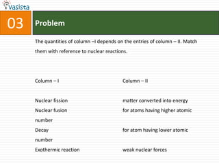 Problem03The quantities of column –I depends on the entries of column – II. Match them with reference to nuclear reactions.   Column – I			Column – II Nuclear fission 			matter converted into energyNuclear fusion			for atoms having higher atomic numberDecay				for atom having lower atomic numberExothermic reaction		weak nuclear forces