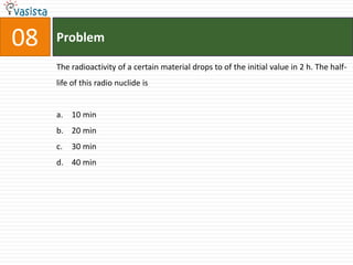 08   Problem

     The radioactivity of a certain material drops to of the initial value in 2 h. The half-
     life of this radio nuclide is


     a. 10 min
     b. 20 min
     c.   30 min
     d. 40 min
 