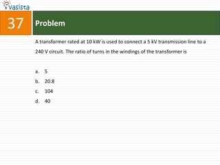 37   Problem

     A transformer rated at 10 kW is used to connect a 5 kV transmission line to a
     240 V circuit. The ratio of turns in the windings of the transformer is


     a. 5
     b. 20.8
     c.   104
     d. 40
 