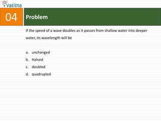 04   Problem

     If the speed of a wave doubles as it passes from shallow water into deeper
     water, its wavelength will be


     a. unchanged
     b. Halved
     c. doubled
     d. quadrupled
 