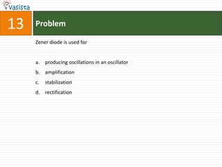 13   Problem

     Zener diode is used for


     a. producing oscillations in an oscillator
     b. amplification
     c.   stabilization
     d. rectification
 