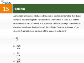15   Problem

     A small coil is introduced between the poles of an electromagnet so that its axis
     coincides with the magnetic field direction. The number of turns is n, and the
     cross-sectional area of the coil is A. When the coil turns through 1800 about its
     diameter, the charge flowing through the coil is Q. The total resistance of the
     circuit is R. What is the magnitude of the magnetic induction?


     a.   QR
          nA



     b.   2QR
           nA

           Qn
     c.
          2RA

        QR
     d. 2nA
 
