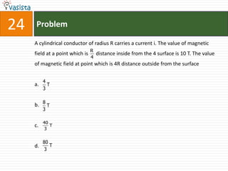 24   Problem

     A cylindrical conductor of radius R carries a current i. The value of magnetic
                                 R
     field at a point which is       distance inside from the 4 surface is 10 T. The value
                                 4
     of magnetic field at point which is 4R distance outside from the surface


          4
     a.     T
          3


     b. 8 T
          3

          40
     c.      T
           3


          80
     d.      T
           3
 