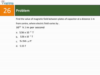 26   Problem

     Find the value of magnetic field between plates of capacitor at a distance 1 m
     from centre, where electric field varies by .
     1010 V / m per second
                    8
     a. 5.56 x 10       T
                    3
     b. 5.56 x 10       T

     c.   5.56      T

     d. 5.55 T
 