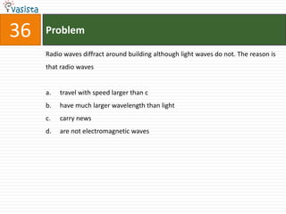 36   Problem

     Radio waves diffract around building although light waves do not. The reason is
     that radio waves


     a.   travel with speed larger than c
     b.   have much larger wavelength than light
     c.   carry news
     d.   are not electromagnetic waves
 