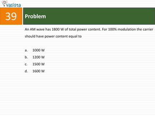 39   Problem

     An AM wave has 1800 W of total power content. For 100% modulation the carrier
     should have power content equal to


     a.   1000 W
     b.   1200 W
     c.   1500 W
     d.   1600 W
 