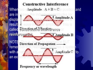 When two waves occupy the same position and are in phase, the individual amplitudes (or displacements) add together to produce a resultant wave of larger amplitude. This is called  constructive interference  or  reinforcement . NOTE: This is similar to resonance BUT remember that resonance requires a system with a natural frequency (f 0 ) to be subjected to an external forcing frqeuency. 