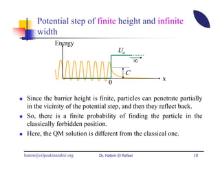 Potential step of finite height and infinite
      width
               Energy
                                       Uo
                                                   ∞
                                            C
                                                       x
                                  0

 Since the barrier height is finite, particles can penetrate partially
 in the vicinity of the potential step, and then they reflect back.
 So, there is a finite probability of finding the particle in the
 classically forbidden position.
 Here, the QM solution is different from the classical one.


hatem@oilpeakinarabic.org    Dr. Hatem El-Refaei                  19
 