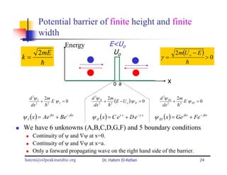 Potential barrier of finite height and finite
        width
                        Energy            E<Uo
        2mE                                Uo                                2m(U o − E )
k=                                                                   γ=                         >0
         h                                                                         h


                                             0 a                         x

   d 2ψ I 2m                     d 2ψ II 2m                          d 2ψ III 2m
         + 2 EψI = 0                    + 2 (E − U o ) ψ II = 0              + 2 E ψ III = 0
    dx 2  h                       dx 2   h                            dx 2    h

ψ I ( x ) = Ae jkx + Be − jkx    ψ II (x ) = C eγ x + D e −γ x    ψ III (x ) = Ge jkx + Fe − jkx
We have 6 unknowns (A,B,C,D,G,F) and 5 boundary conditions
     Continuity of ψ and ∇ψ at x=0.
     Continuity of ψ and ∇ψ at x=a.
     Only a forward propagating wave on the right hand side of the barrier.
 hatem@oilpeakinarabic.org            Dr. Hatem El-Refaei                                  24
 