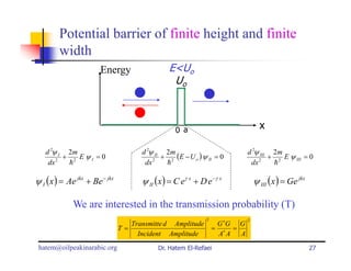 Potential barrier of finite height and finite
        width
                        Energy                  E<Uo
                                                 Uo



                                                   0 a                            x

   d 2ψ I 2m                           d 2ψ II 2m                           d 2ψ III 2m
         + 2 EψI = 0                          + 2 (E − U o ) ψ II = 0               + 2 E ψ III = 0
    dx 2  h                             dx 2   h                             dx 2    h

ψ I ( x ) = Ae jkx + Be − jkx          ψ II (x ) = C eγ x + D e −γ x            ψ III ( x ) = Ge jkx

             We are interested in the transmission probability (T)
                                                              2             2
                                   Transmitte d Amplitude          G ∗G G
                                T=                                = ∗ =
                                     Incident Amplitude            A A  A
 hatem@oilpeakinarabic.org                  Dr. Hatem El-Refaei                                        27
 